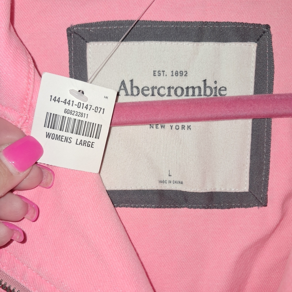 Abercrombie & Fitch Womens Pink Denim Moto Jean Jacket Large EUC - Picture 6 of 8
